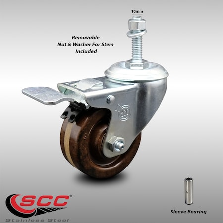 Service Caster 3 Inch SS High Temp Phenolic 10mm Threaded Stem Caster with Total Lock Brake SCC-SSTSTTL20S314-PHSHT-M1015